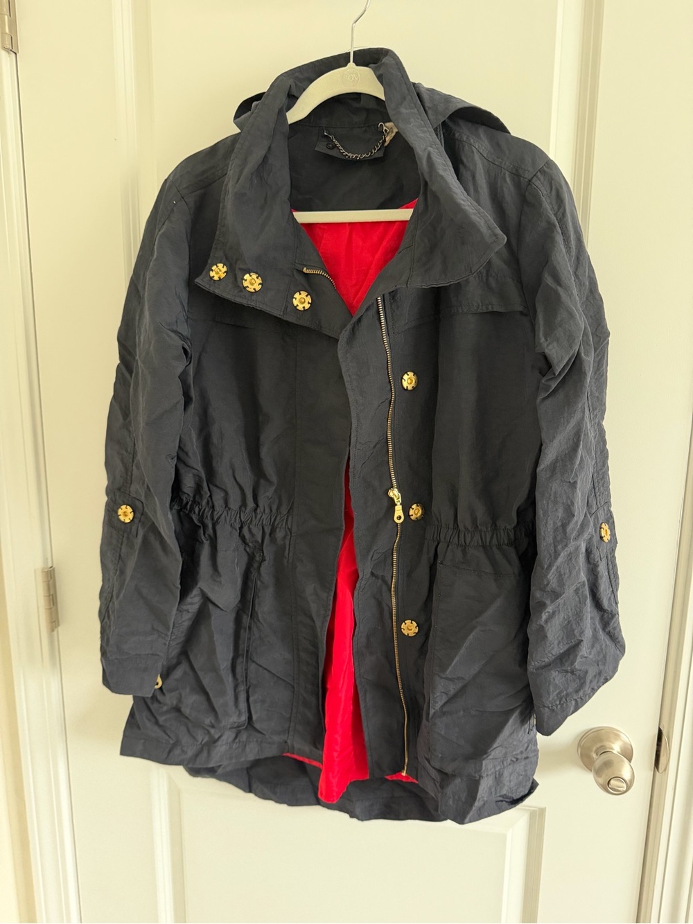 Women's Black Hooded rain Jacket with Red Lining